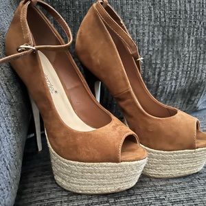 Cognac color, platform heels… wore once to a wedding.